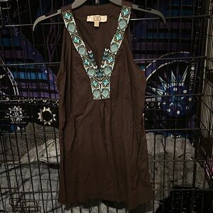Brown Sleeveless Blouse with Blue Embroidery